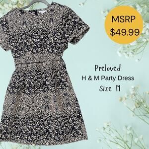 H&M Navy Beige Printed Party Dress Size M